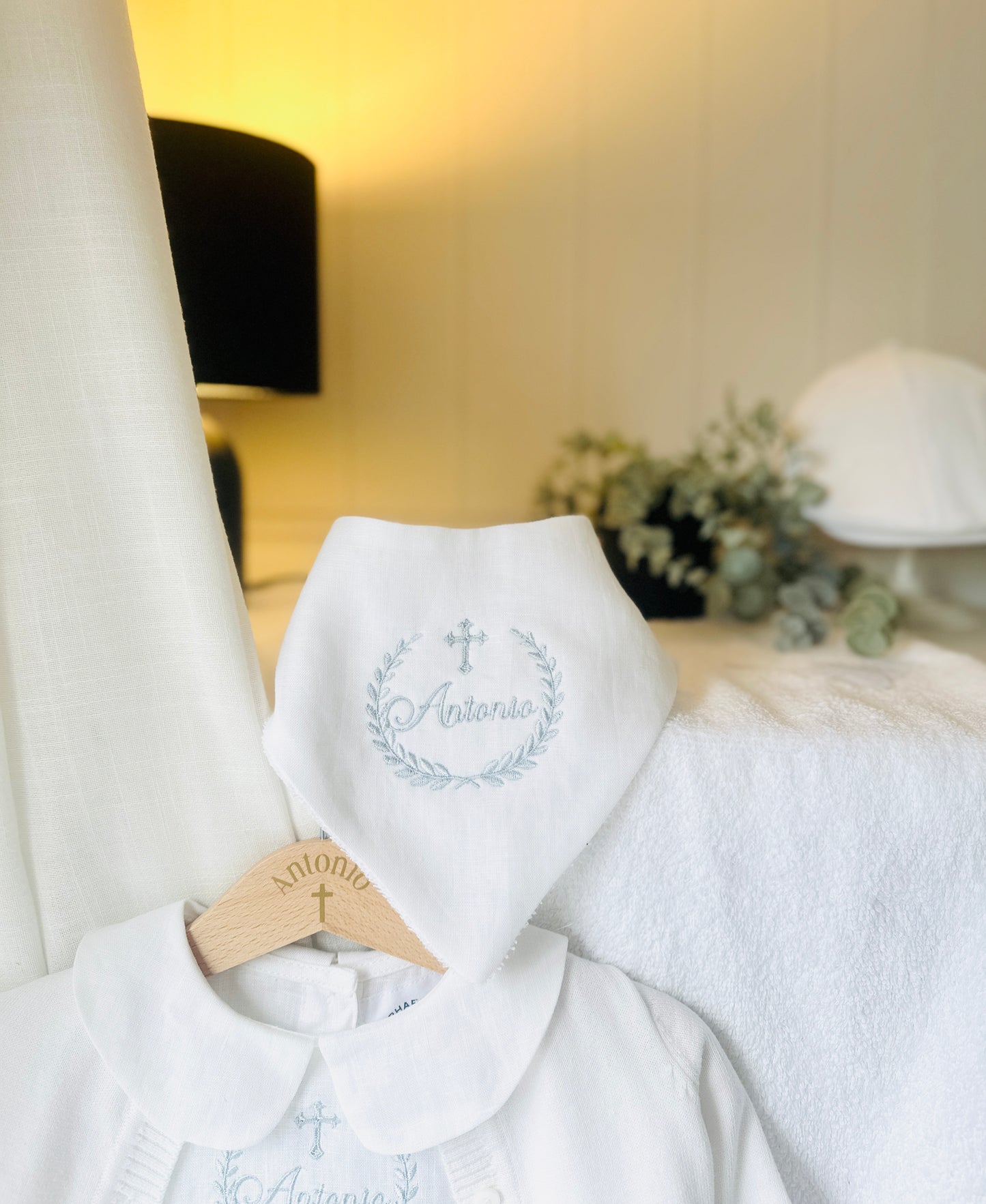 Linen Baptism peter pan collar bubble romper with optional embroidery customisation