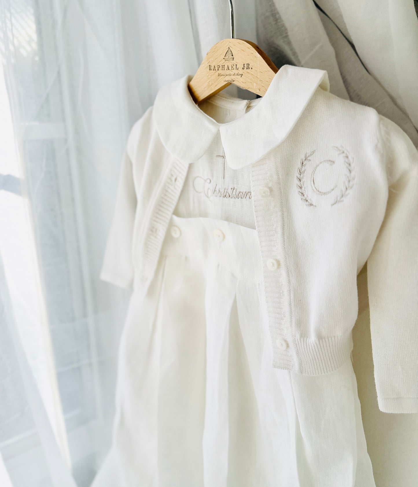 White cotton Baptism christening cardigan sweater with optional embroidery