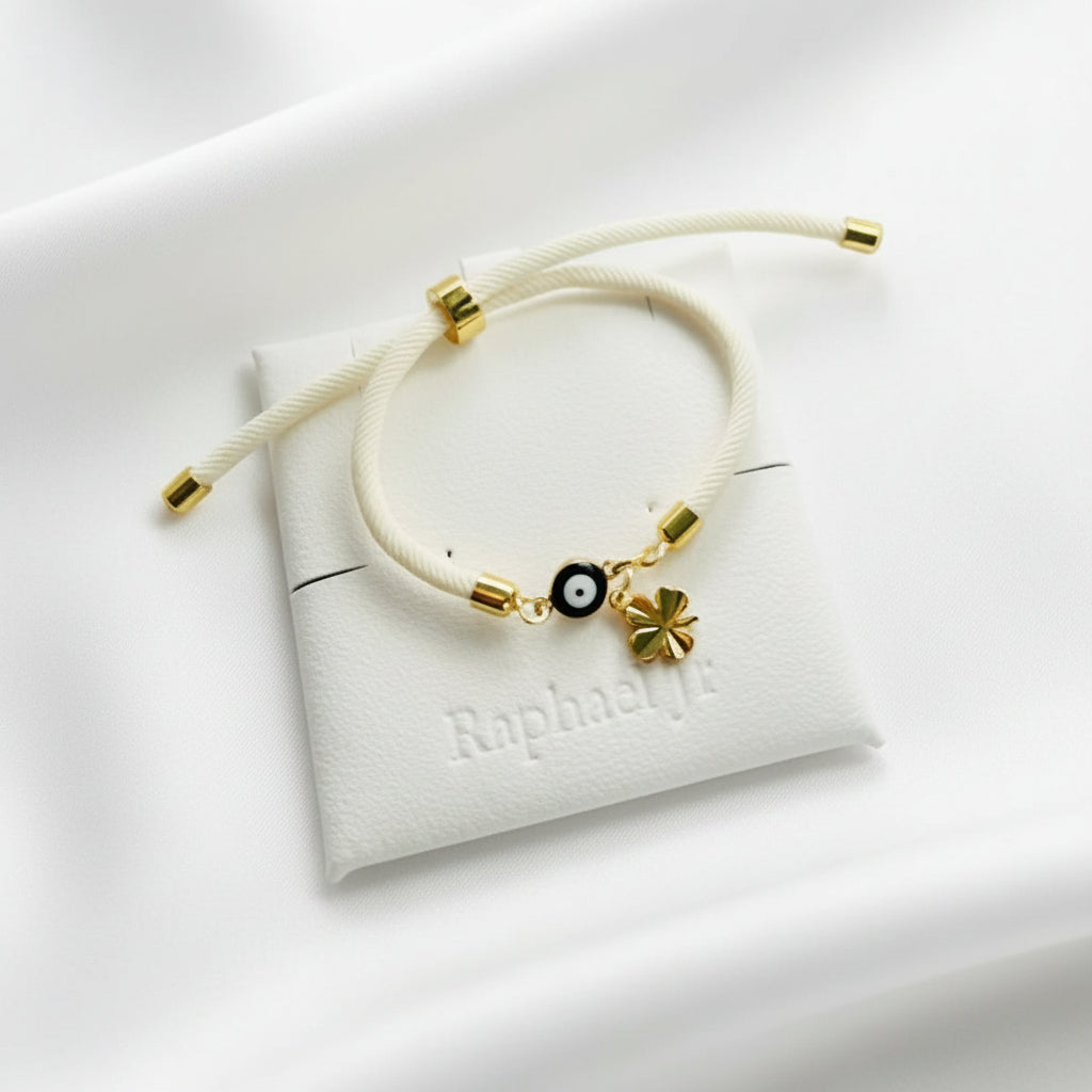 Evil eye bracelet white rope with gold clasps and optional charm