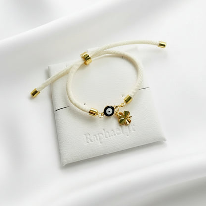 Evil eye bracelet white rope with gold clasps and optional charm
