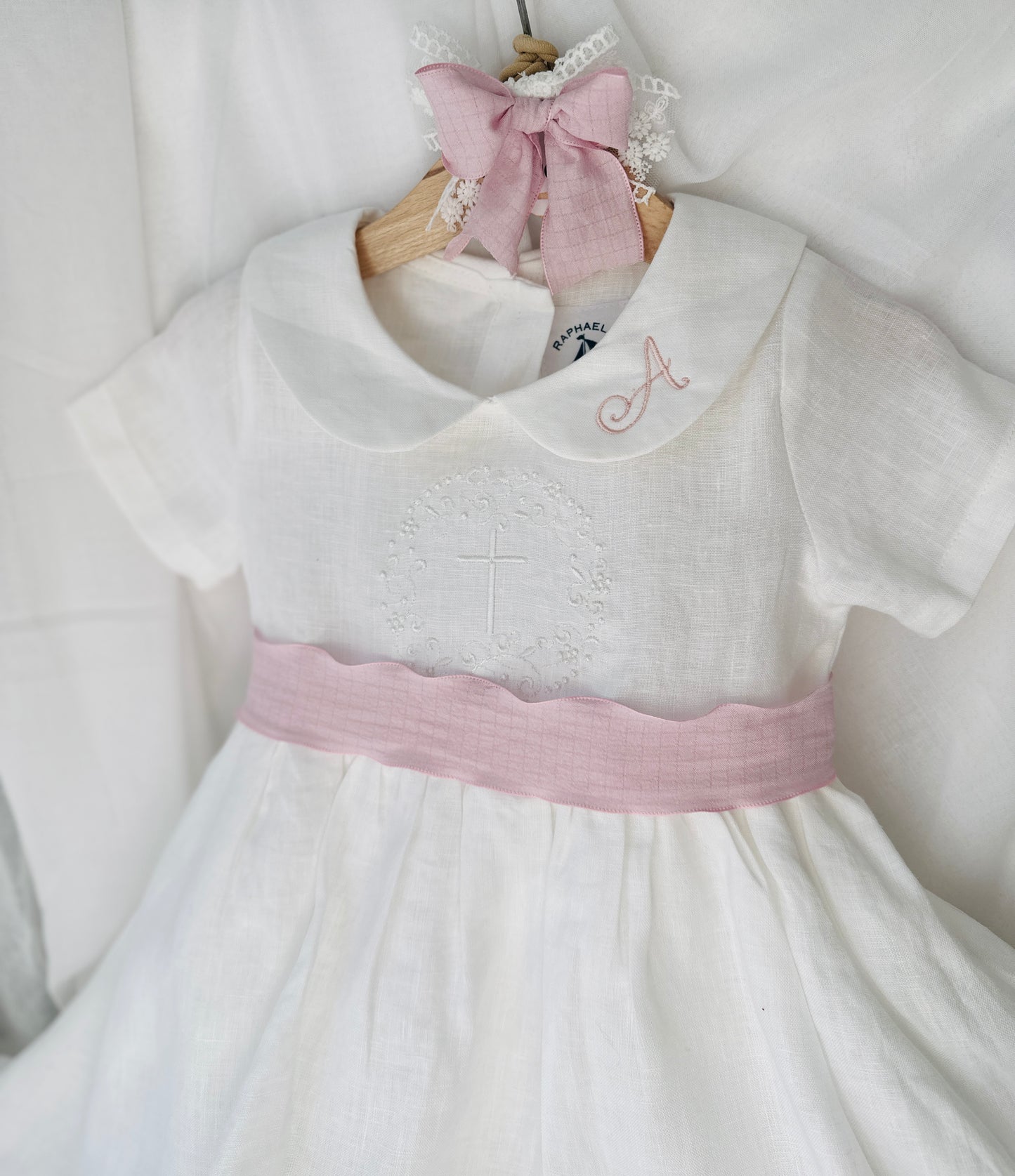 Pure Linen knee length Baptism Dress with embroidery and bloomers and optional ribbon