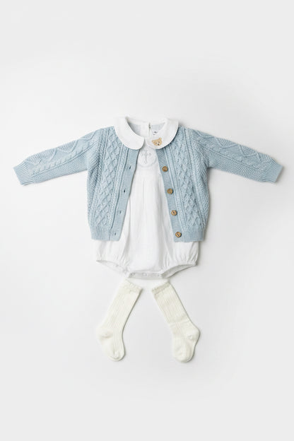 Baby outfit with blue cardigan, round collar bodysuit and white linen bloomers and long socks
