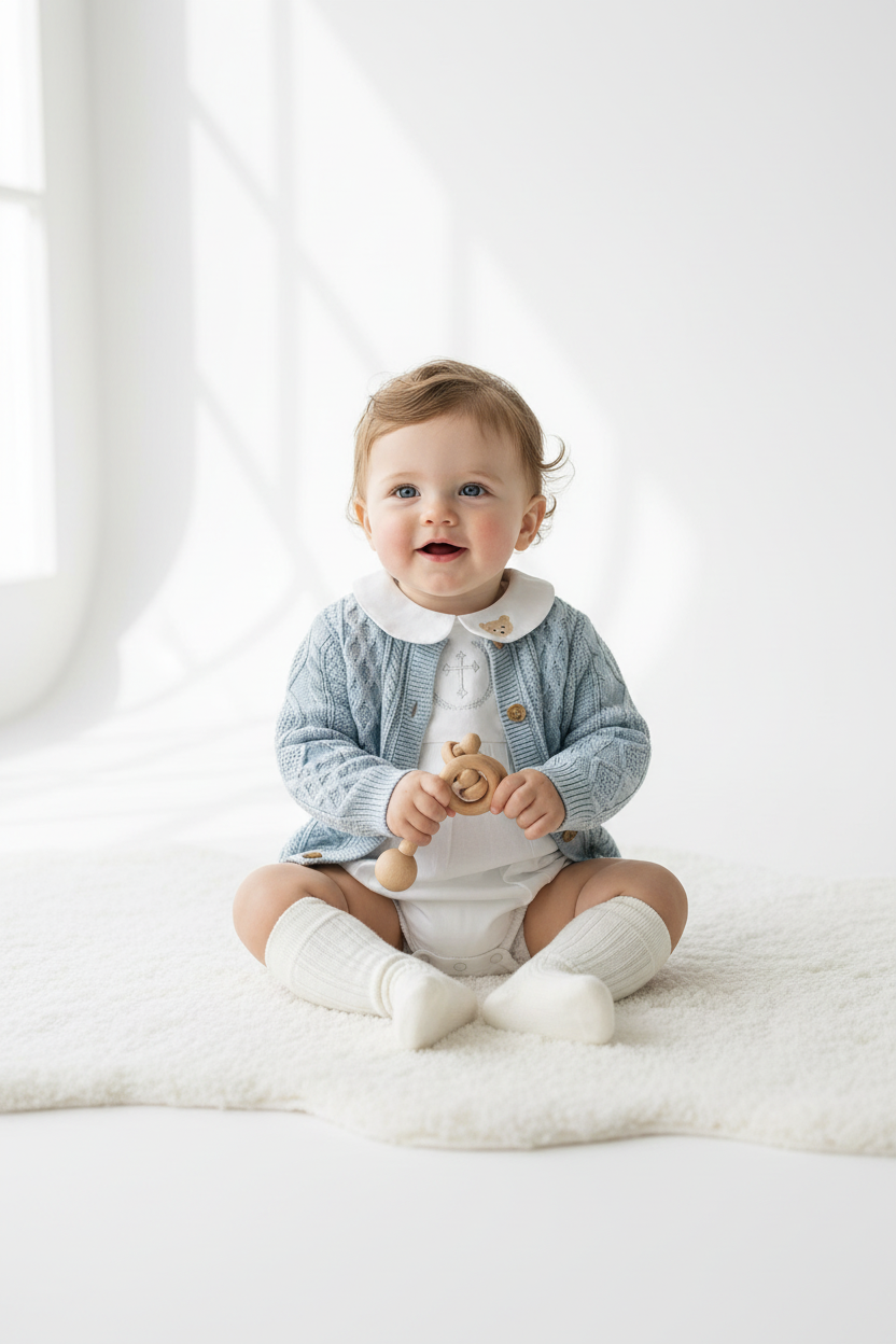 Baby outfit with blue cardigan, round collar bodysuit and white linen bloomers and long socks