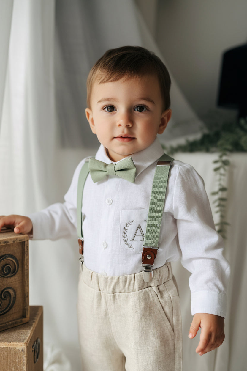 Beige linen pants and shirt set with bowtie and suspenders and optional personalisation