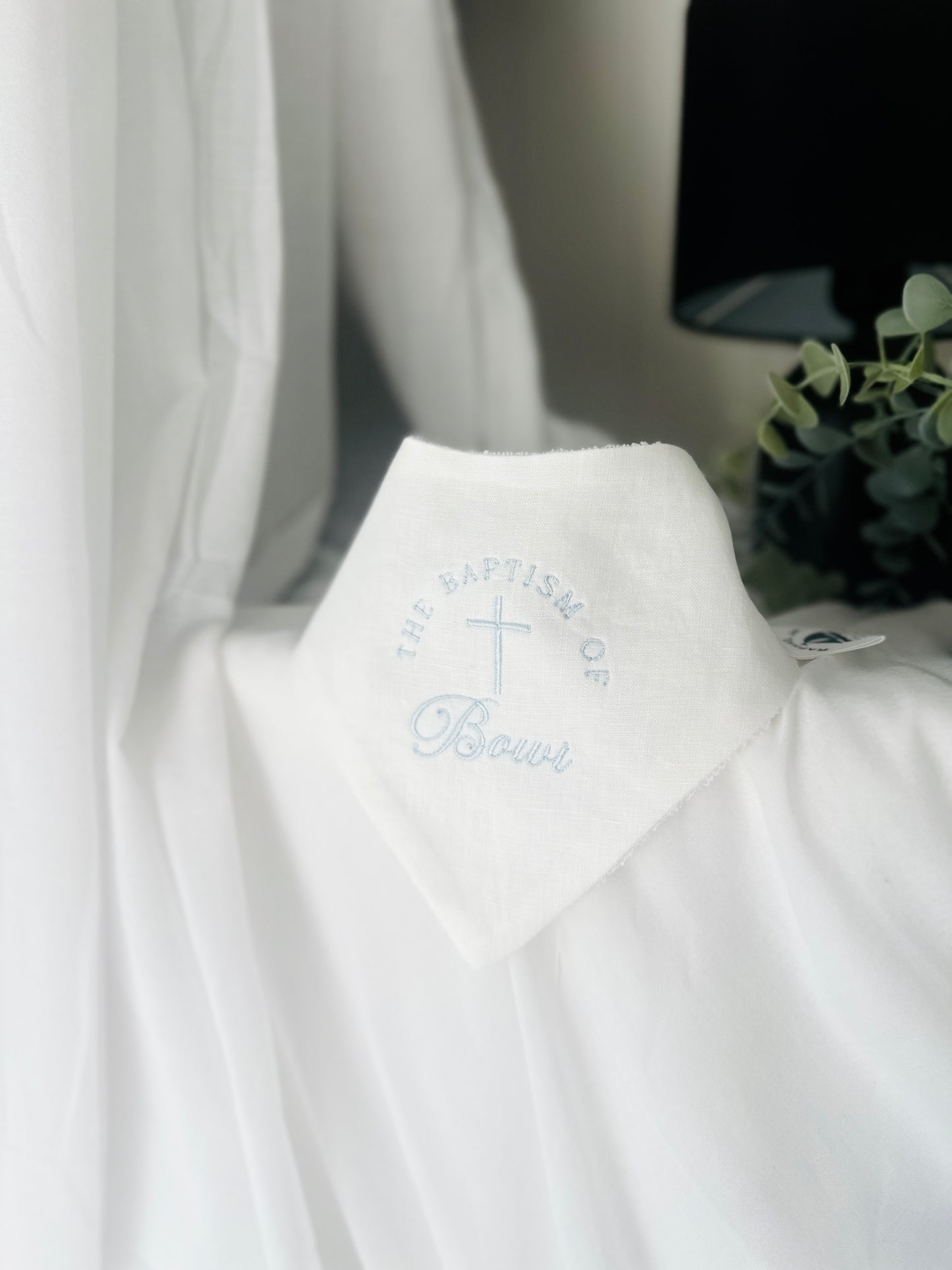 White linen Baptism Christening bib with optional embroidery