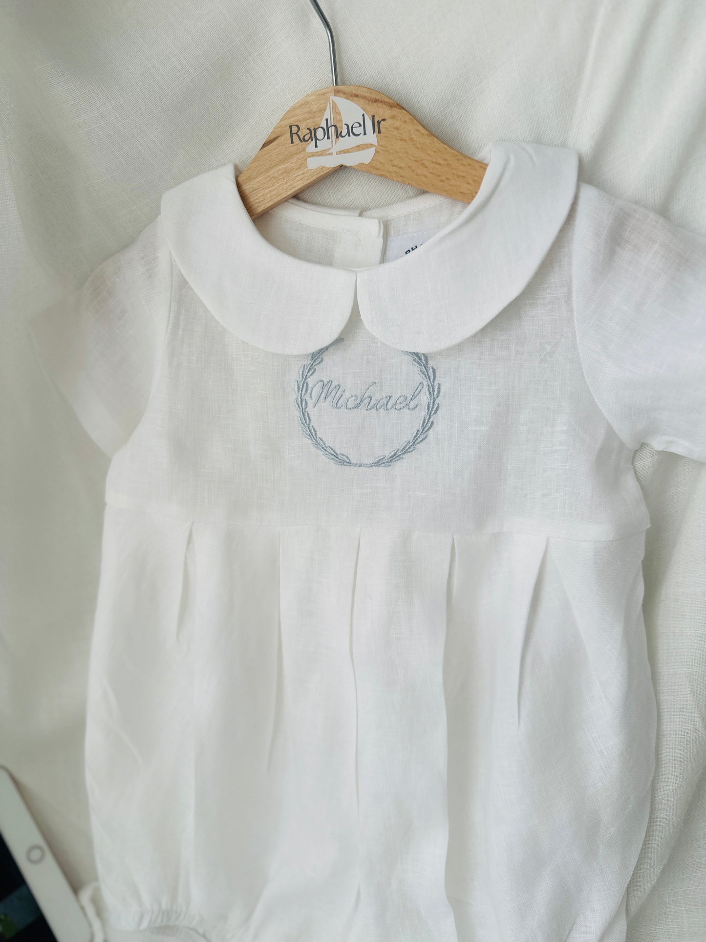 Linen Baptism peter pan collar bubble romper with optional embroidery customisation