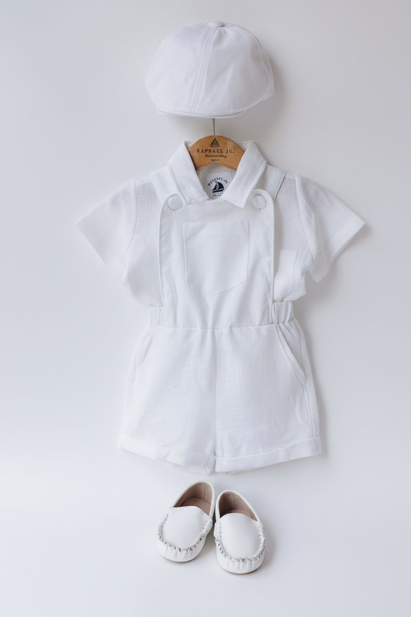 Boys white pure linen overalls suspender shorts with optional shirt and embroidery