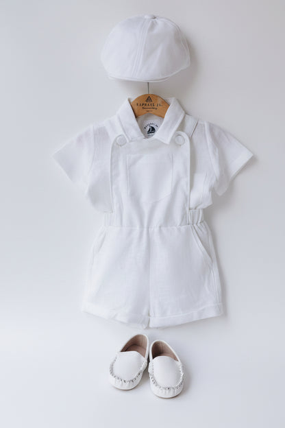 Boys white pure linen overalls suspender shorts with optional shirt and embroidery
