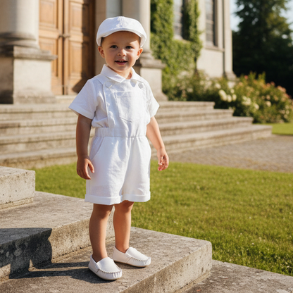 Boys white pure linen overalls suspender shorts with optional shirt and embroidery