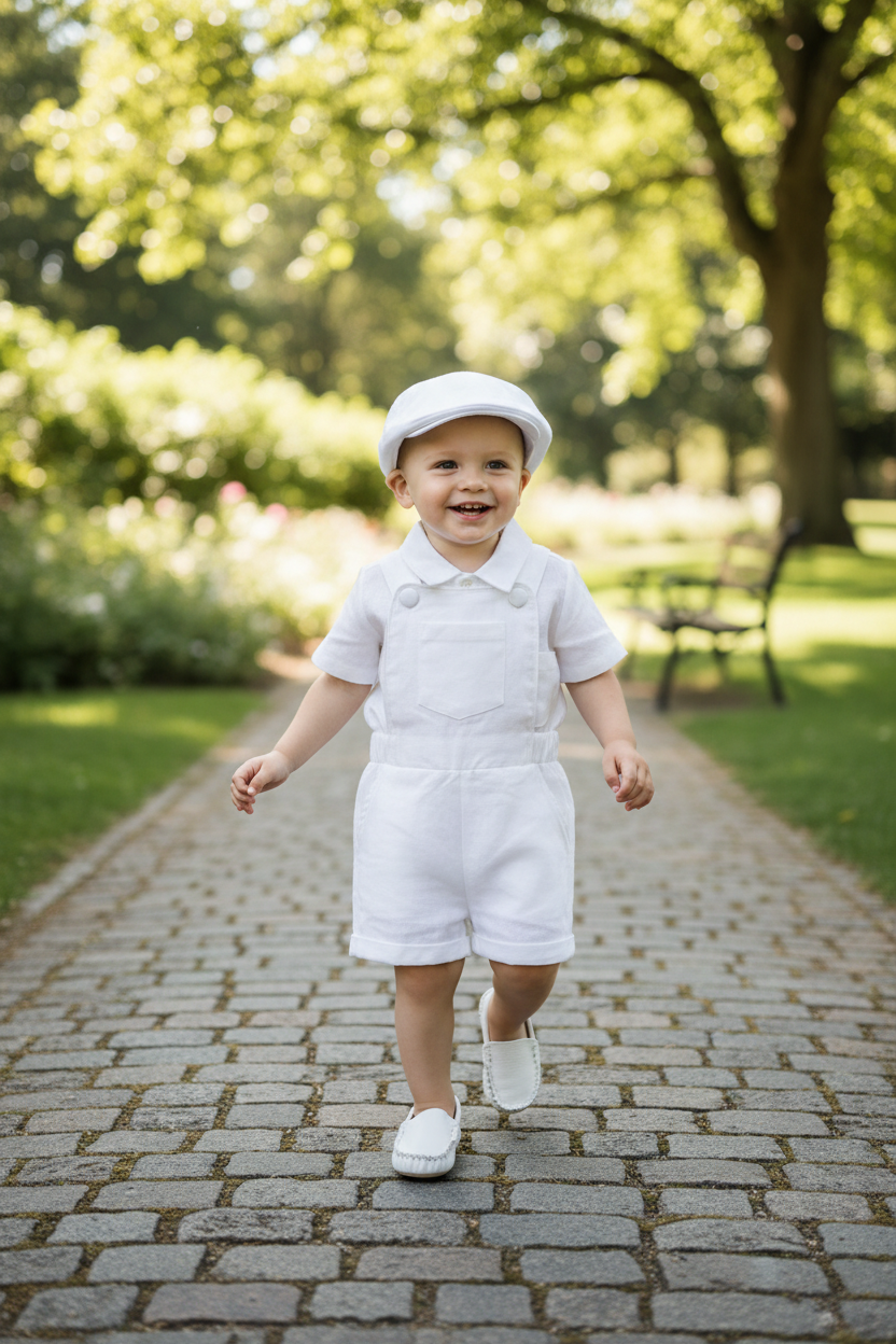Boys white pure linen overalls suspender shorts with optional shirt and embroidery