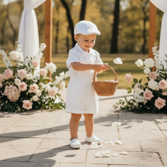 Boys white pure linen overalls suspender shorts with optional shirt and embroidery