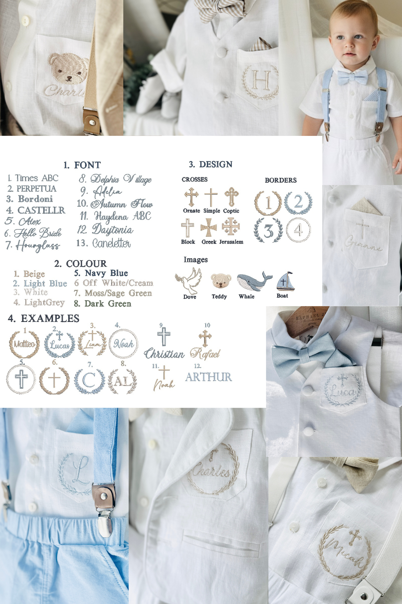Blue chambray set with blue pants, white linen shirt, white, blue or beige suspenders and blue bow tie