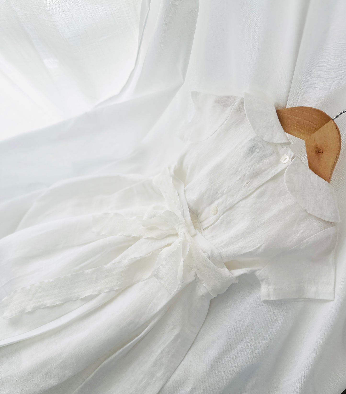 White Linen Baptism dress with detachable long skirt gown