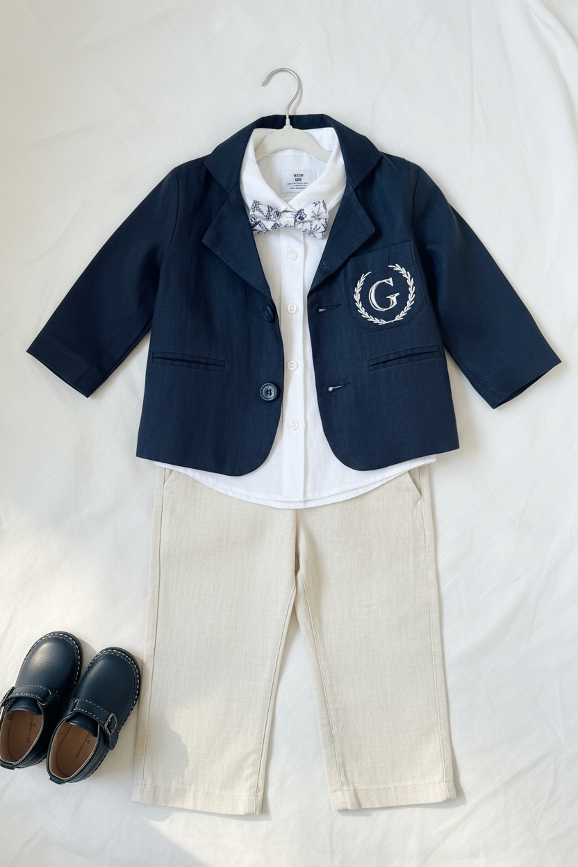 Navy blue and beige formal baptism or wedding suit with accessories and optional personalisation
