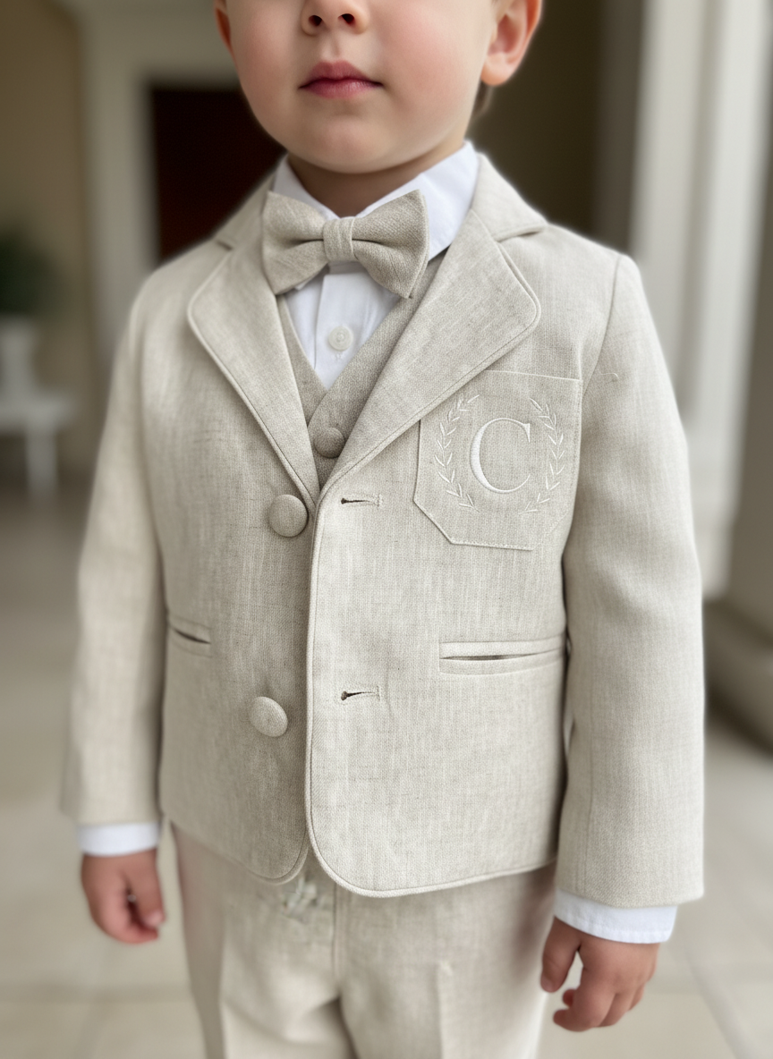 Beige Linen Outfit with vest, shirt, pants, suspenders and bowtie plus optional jacket, cap and shoes