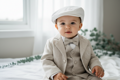 Beige Linen Shorts Shirt Suspenders and Vest set with Optional Cap Jacket and Embroidery