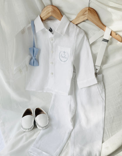 White linen Baptism Suit outfit with optional blue jacket and Accessories
