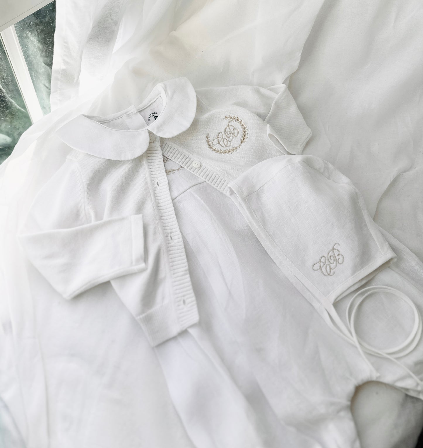 Linen Baptism 3/4 length jumpsuit romper with optional cardigan and embroidery