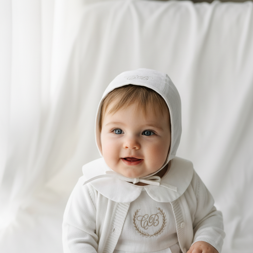 Linen Baptism 3/4 length jumpsuit romper with optional cardigan and embroidery