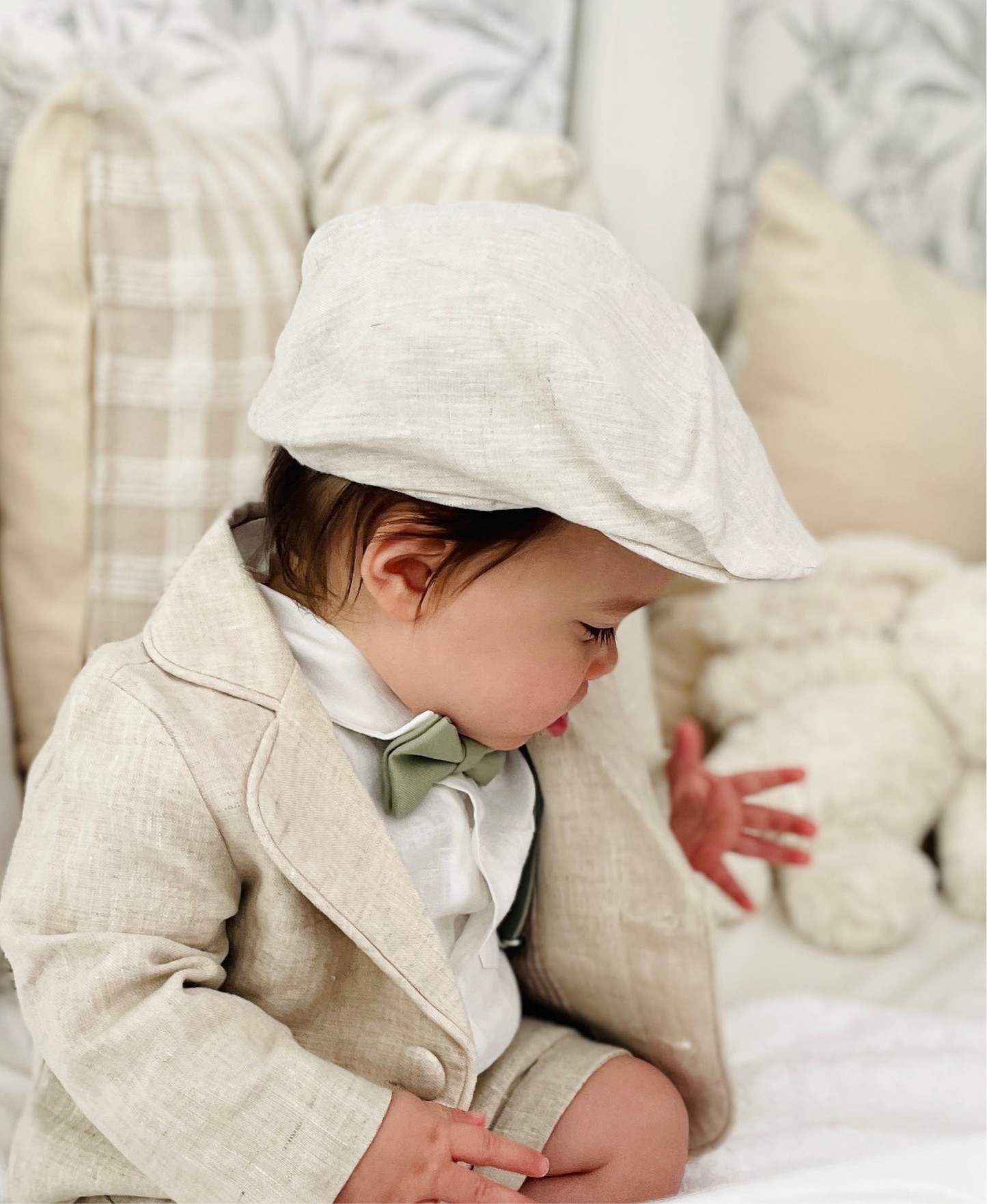 Beige linen suit with optional jacket, cap and shoes.
