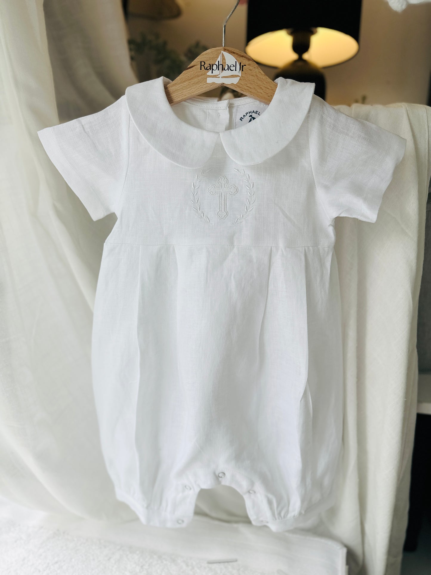 Linen Baptism romper dungaree jumpsuit with optional cardigan and embroidery