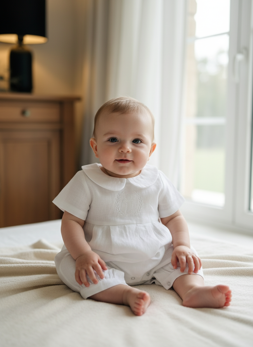 Linen Baptism romper dungaree jumpsuit with optional cardigan and embroidery