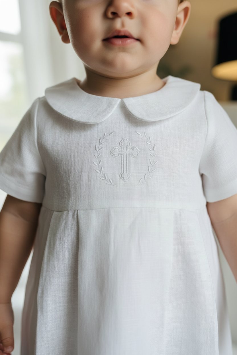 Linen Baptism romper dungaree jumpsuit with optional cardigan and embroidery