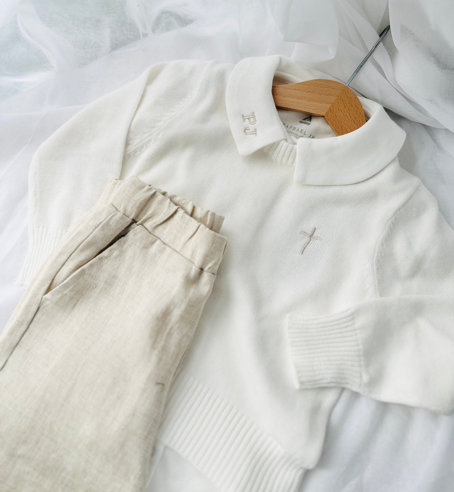 Baptism outfit with cotton onesie and jumper and linen pants