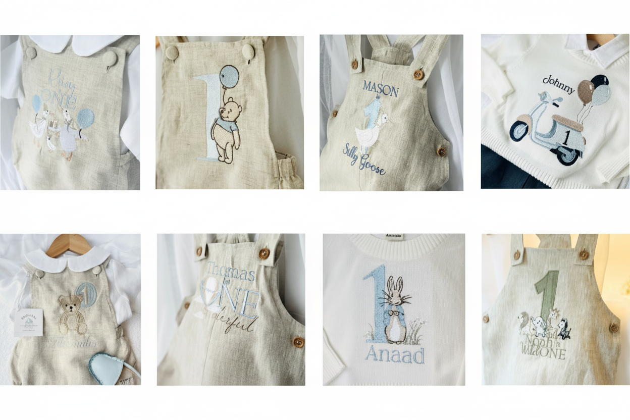 Boys Beige Linen Birthday overalls romper dungarees safari balloon fast car wild sea themes