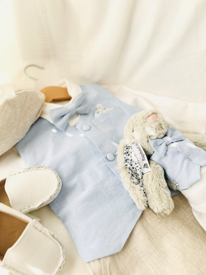 Beige Linen pants and blue vest outfit