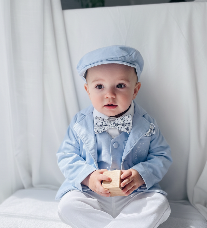 Boys Light blue suit with blue vest, bow tie optional jacket, plus white linen shirt and suspender pants