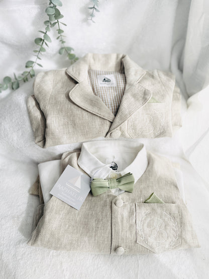 White and Beige Linen set with vest, shirt, pants, suspenders and bowtie plus optional jacket, cap and shoes