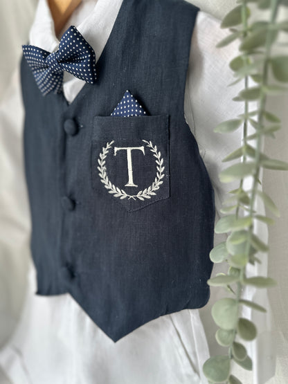 Beige linen suit with Navy blue vest