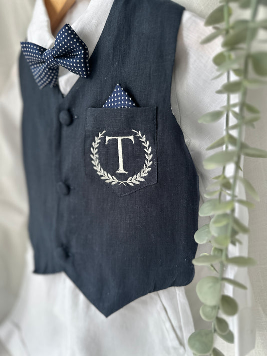 Navy blue pure linen vest waistcoat optional bow tie suspenders and embroidery