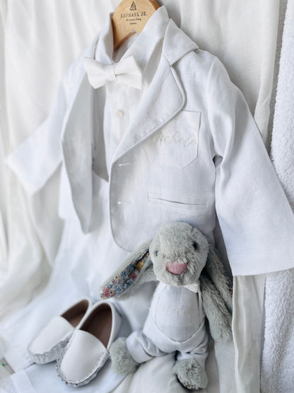 Boys white linen full 5 piece suit with vest, jacket, shirt, pants, suspenders and bow tie plus extras