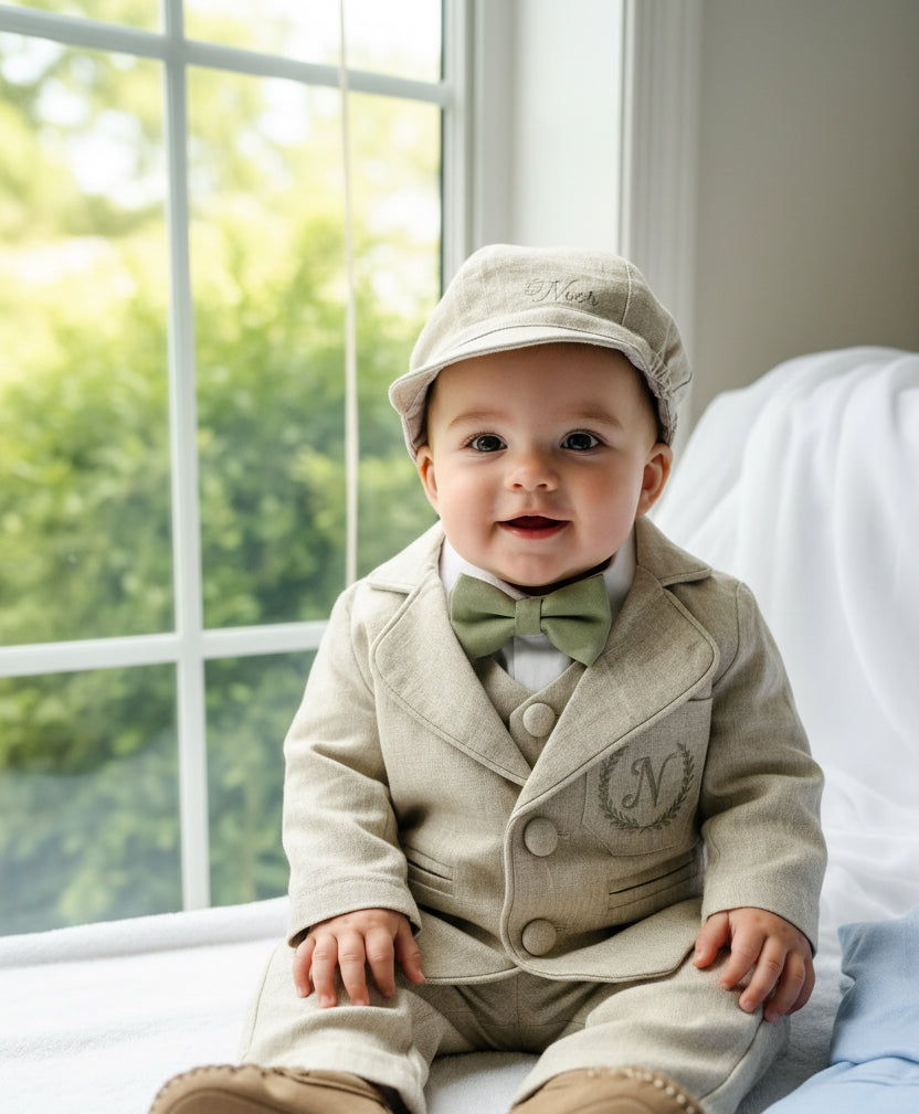 Beige Linen vest suit, shirt, pants, suspenders and bowtie plus optional jacket, cap and shoes