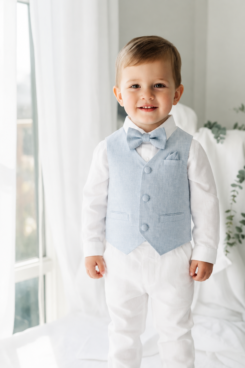 White linen suit with pale blue vest