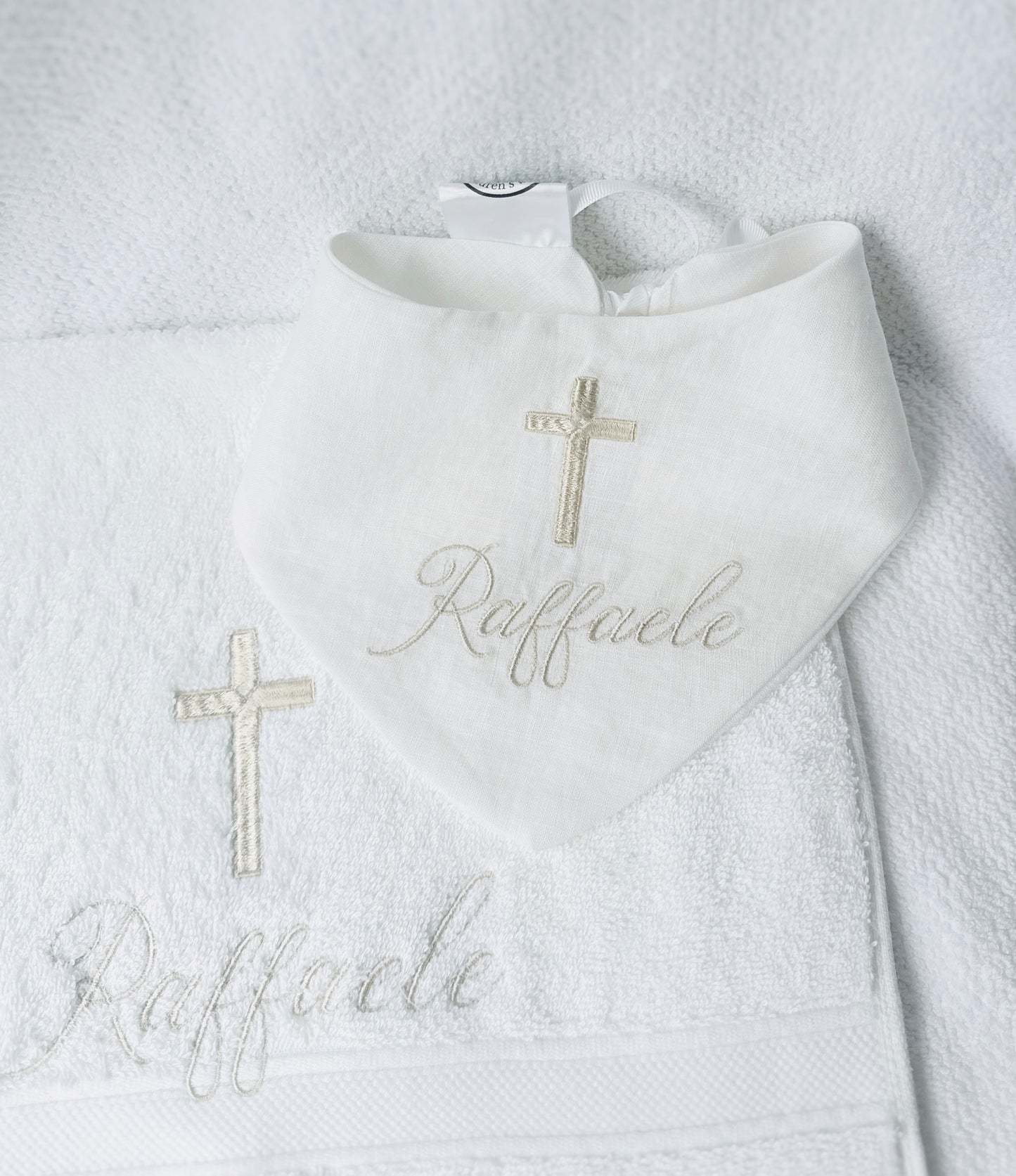 Personalised baptism christening hand towel with embroidery and optional bib