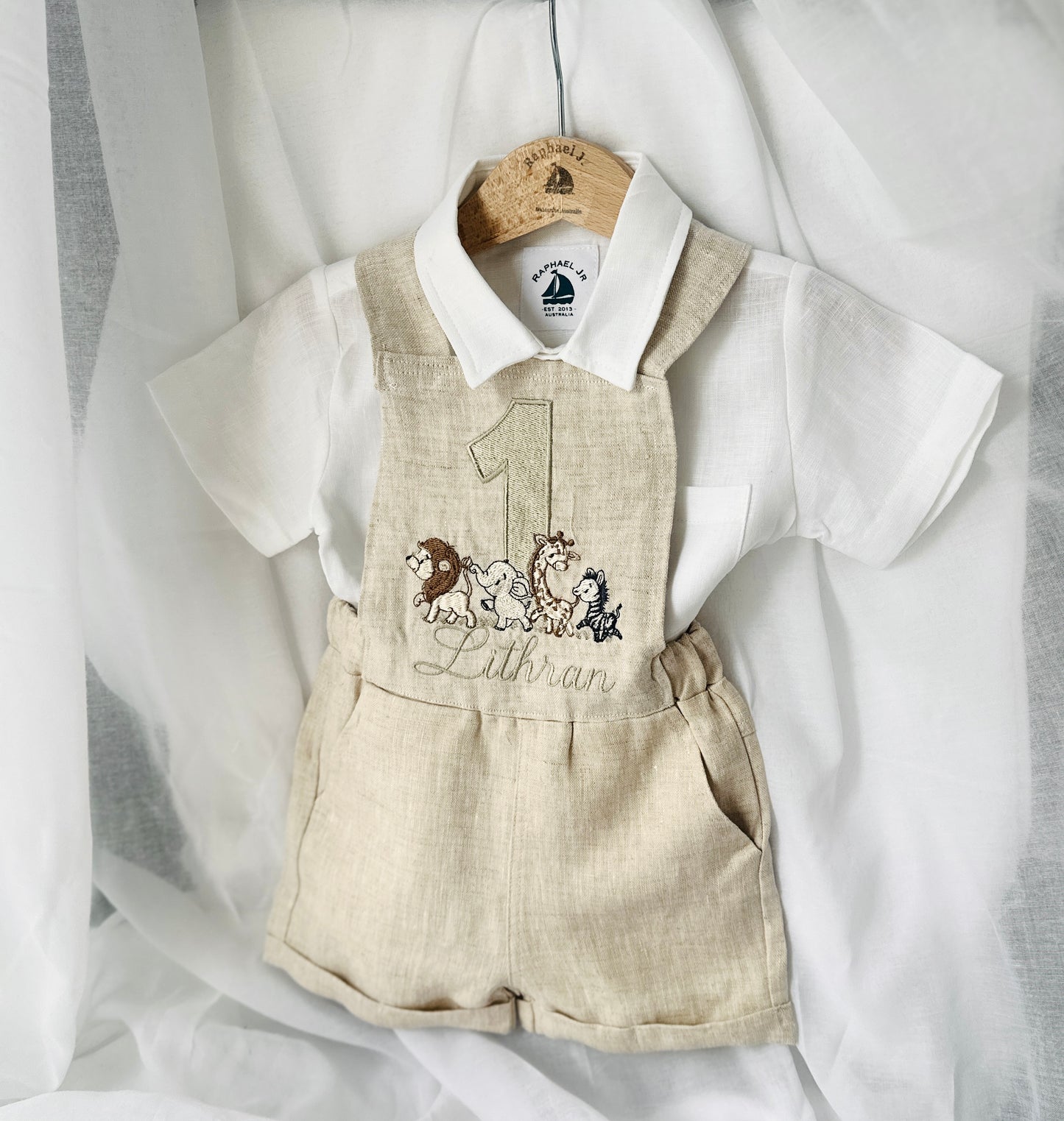 Boys beige pure linen overalls with optional shirt and embroidery