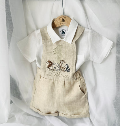Boys beige pure linen overalls with optional shirt and embroidery
