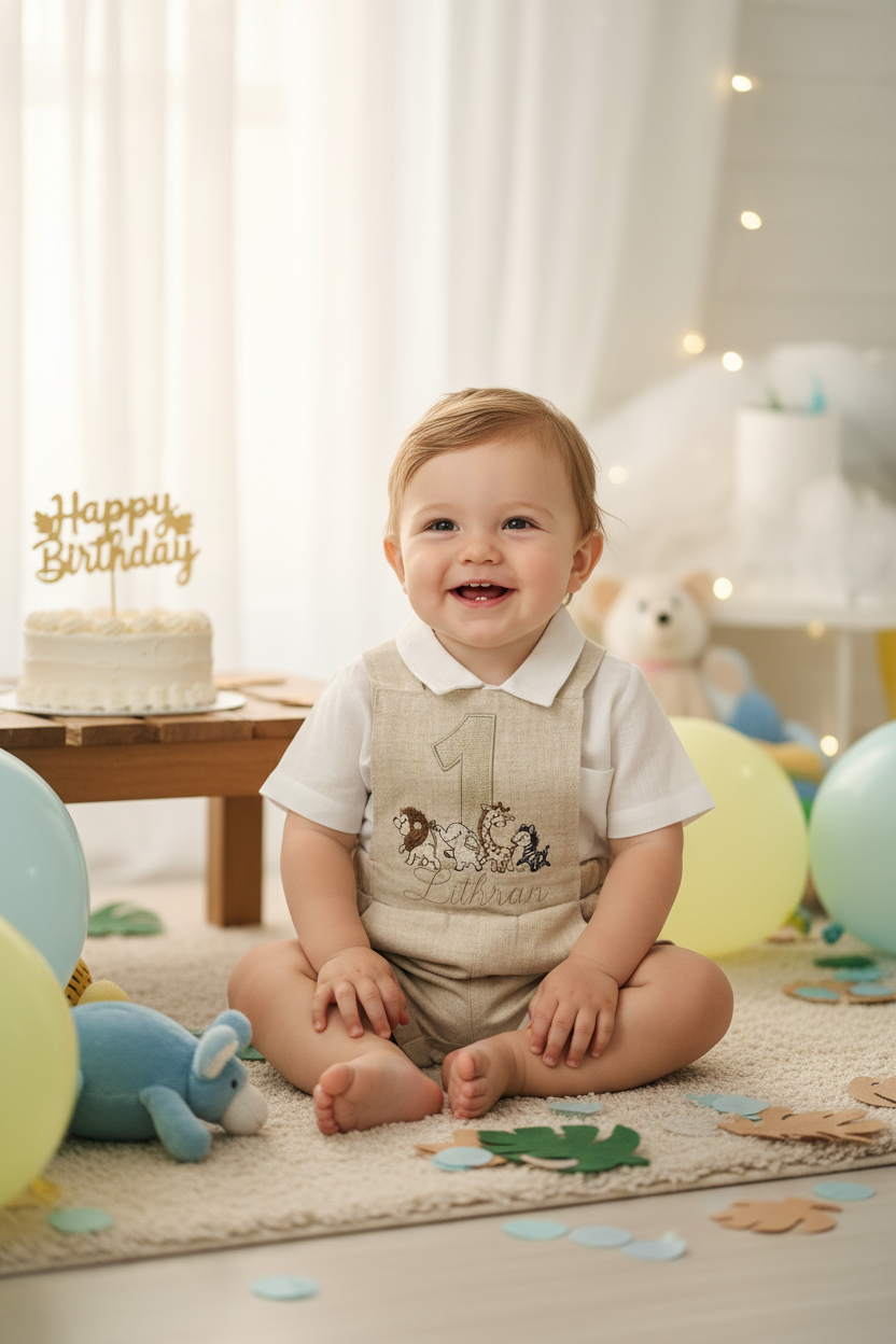 Boys beige pure linen overalls with optional shirt and embroidery
