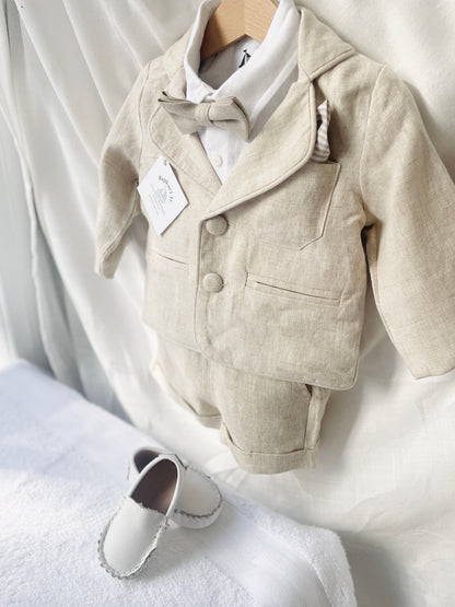 Beige Linen Baptism outfit with suspender shorts, shirt, and bow tie plus optional jacket and embroidery