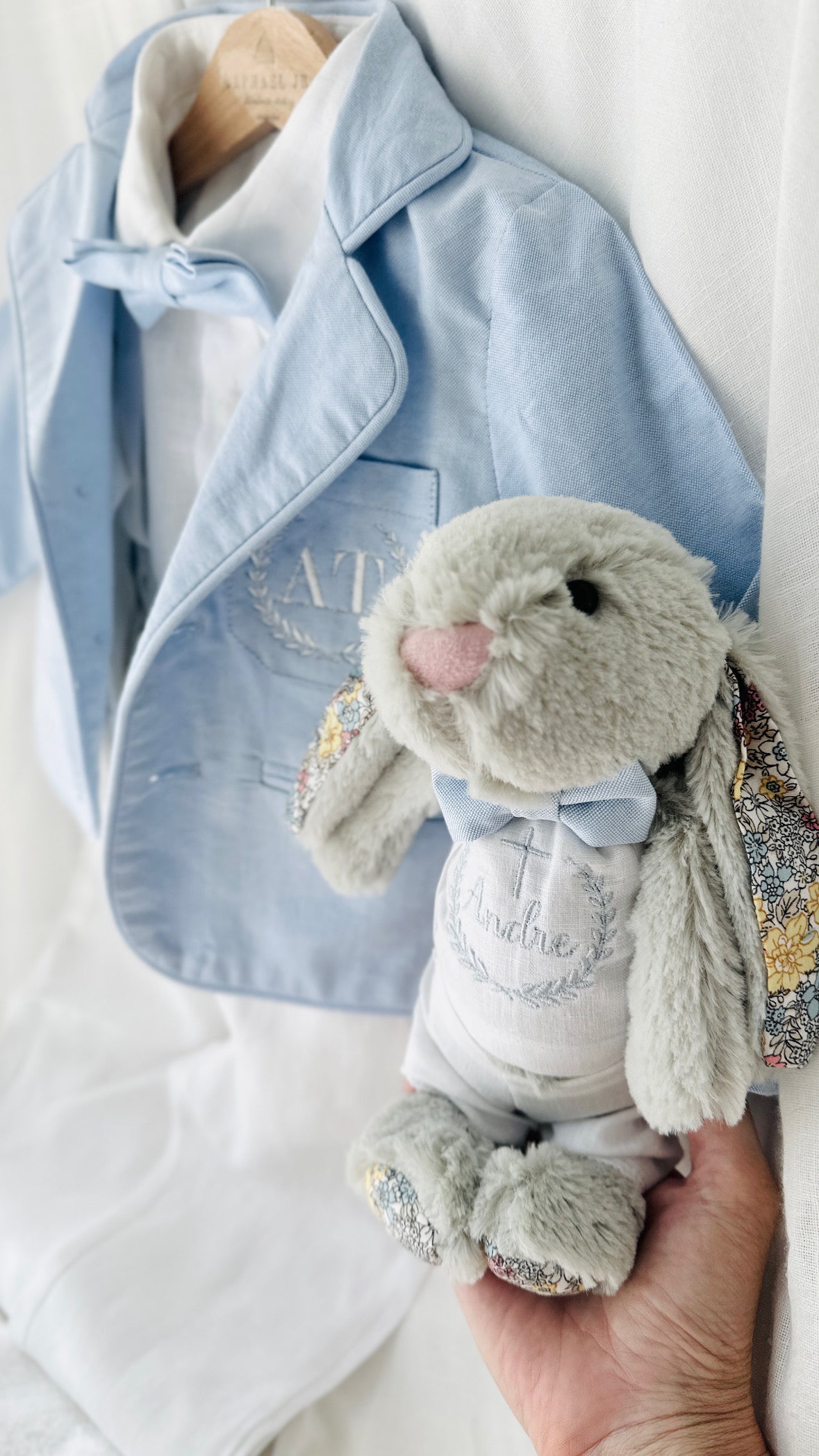 Pale blue summer vest set with blue vest, suspender shorts white shirt and blue blazer