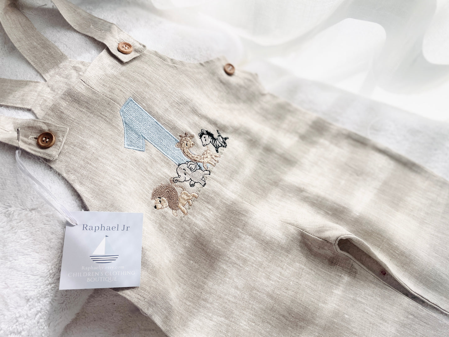 Boys Beige Linen Birthday overalls romper dungarees safari balloon fast car wild sea themes