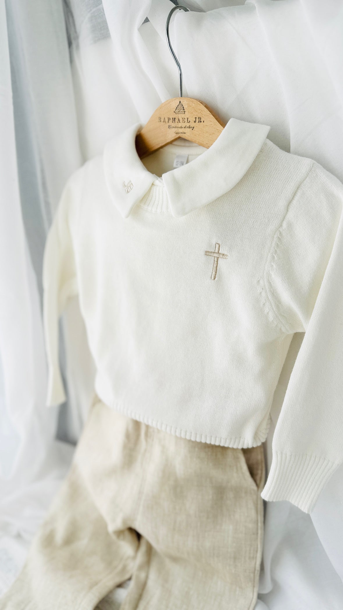 Warm white cotton sweater with optional first birthday embroidery
