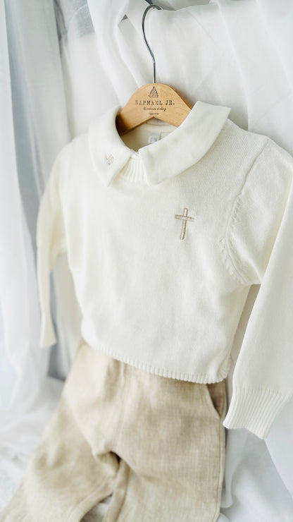 Warm white cotton sweater with optional first birthday embroidery