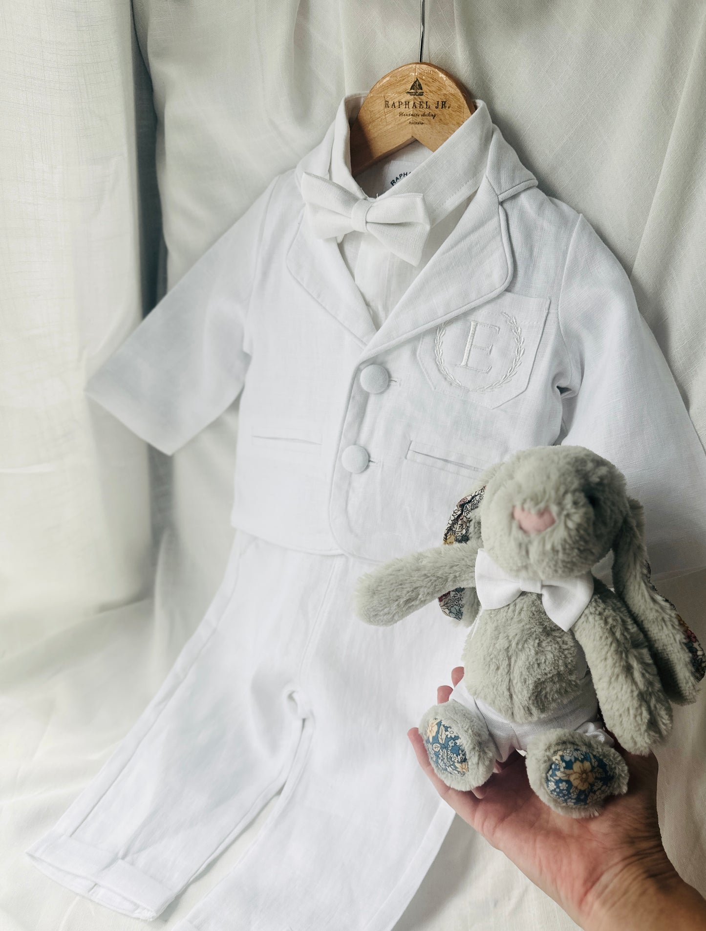 White linen Baptism suit set with pants, shirt, suspenders and bowtie plus optional jacket and extras