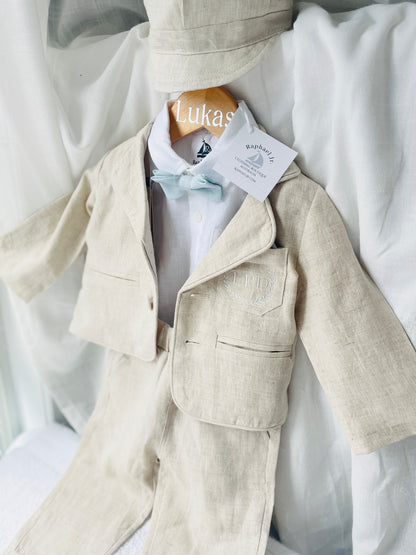 Beige linen pants and shirt set with bowtie and suspenders and optional personalisation