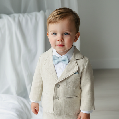 Beige linen pants and shirt set with bowtie and suspenders and optional personalisation