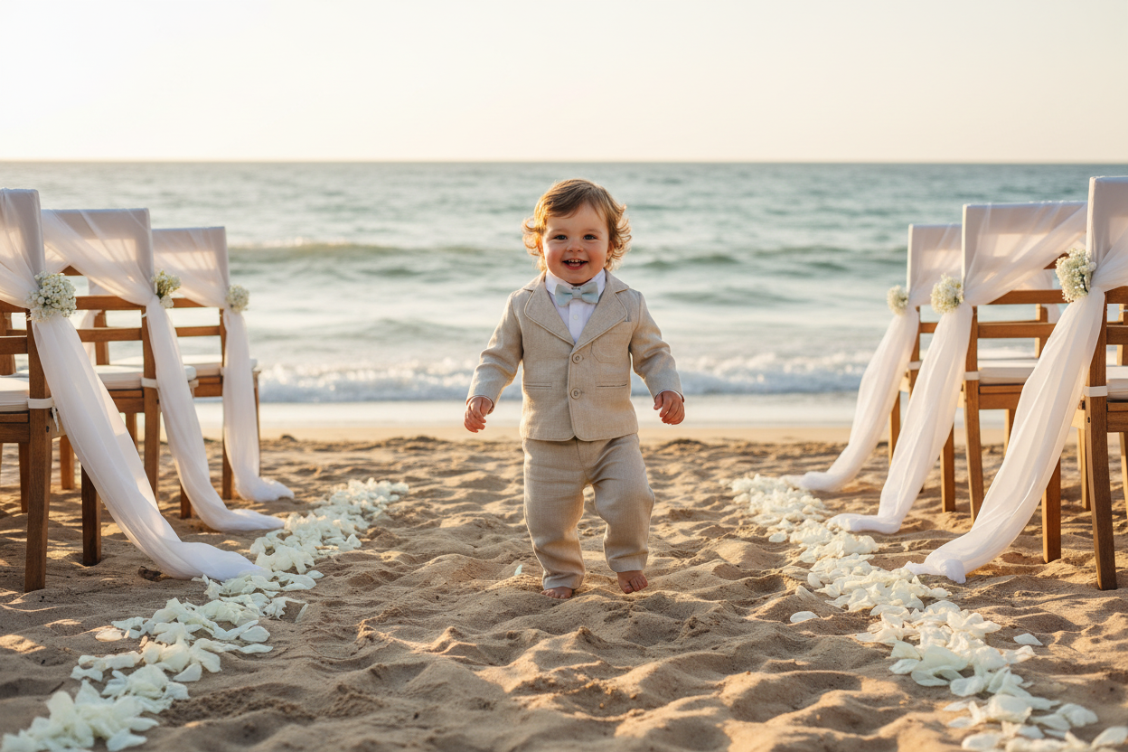 Beige linen baby and toddler boys formal baptism or wedding suit with accessories and optional personalisation